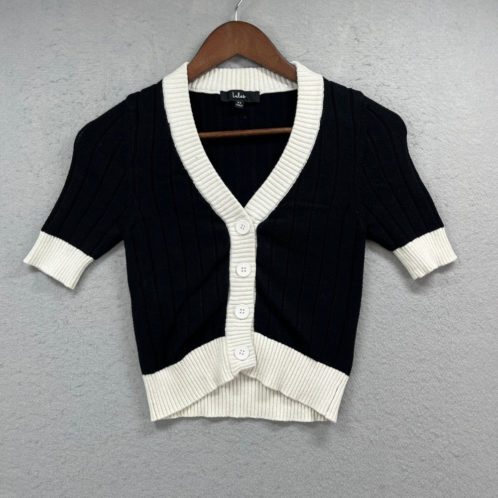 Lulus Cardigan Womens XS Black White Short Sleeve Ribbed Contrast Trim Preppy